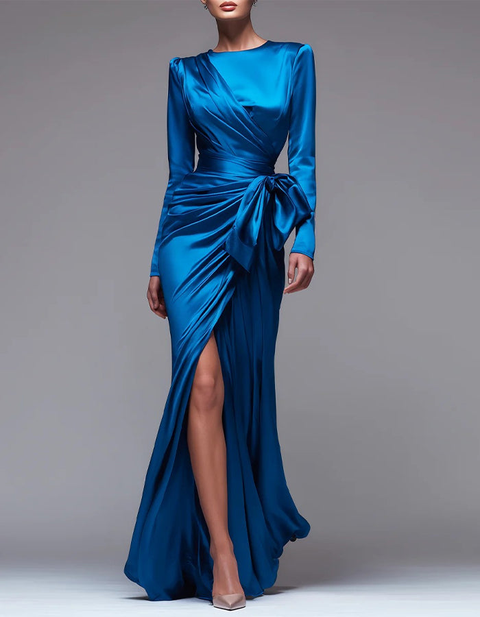 Lake Blue Round Neck Satin Long Sleeve Maxi Dress