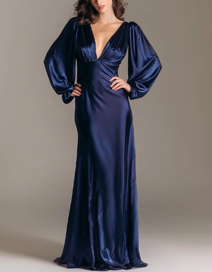 Vestido largo maxi de satén azul oscuro con cuello en V y manga larga