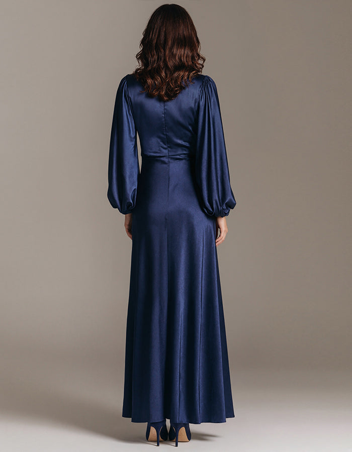 Dark Blue V-neck Satin Long Sleeved Shirt Maxi Dress