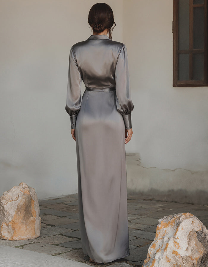Vestido largo de satén gris de manga larga