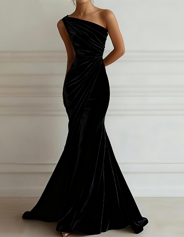 Solid Color One Shoulder Velvet Maxi Dress