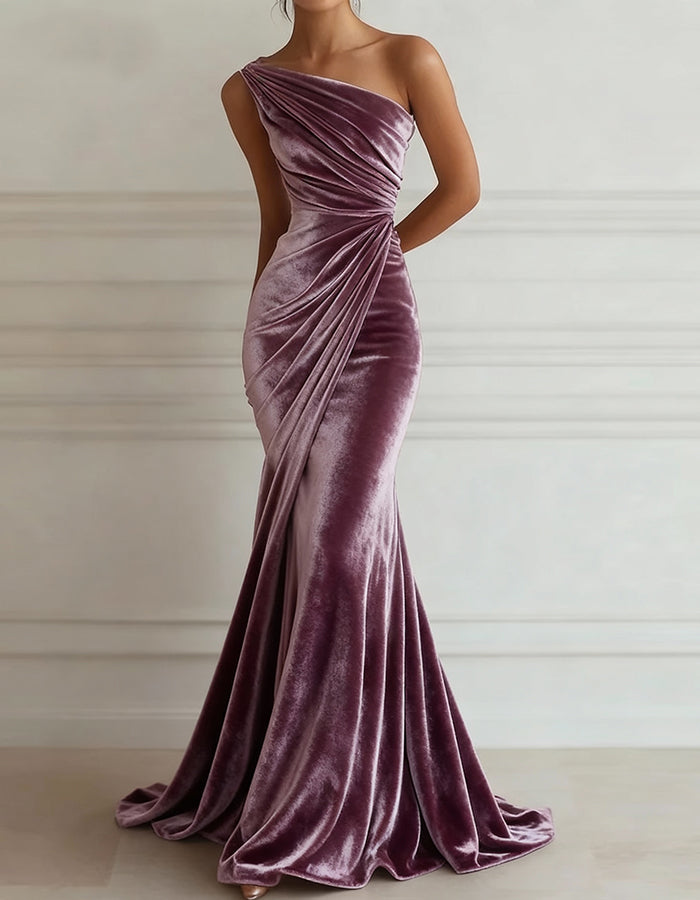 Solid Color One Shoulder Velvet Maxi Dress