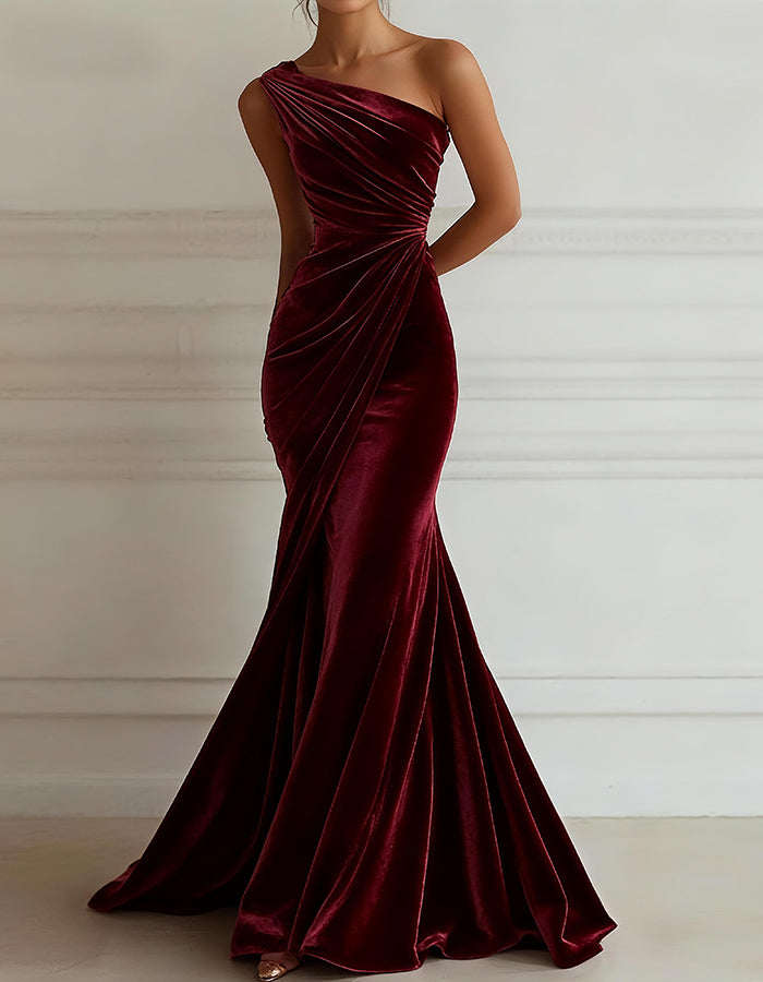 Solid Color One Shoulder Velvet Maxi Dress