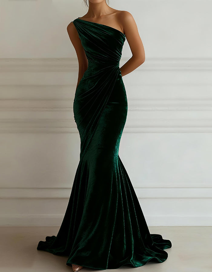 Solid Color One Shoulder Velvet Maxi Dress