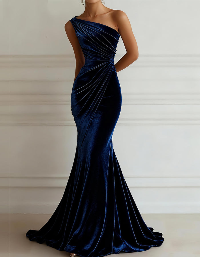 Solid Color One Shoulder Velvet Maxi Dress