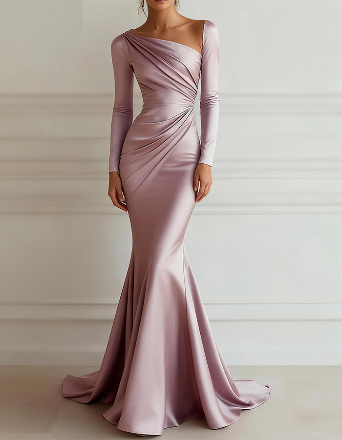 Solid Color Satin Long Sleeve Maxi Dress