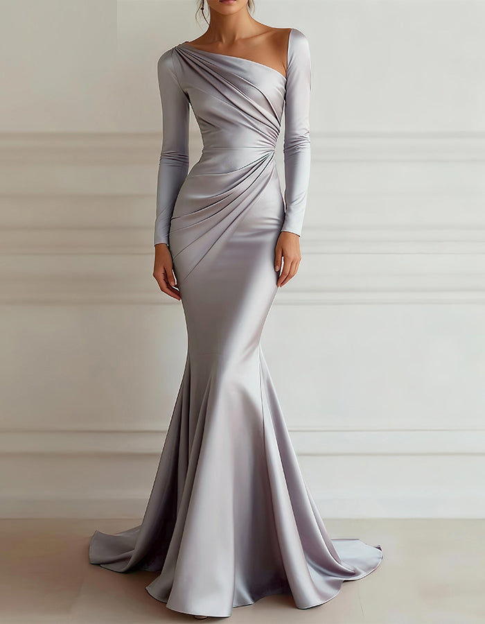 Solid Color Satin Long Sleeve Maxi Dress