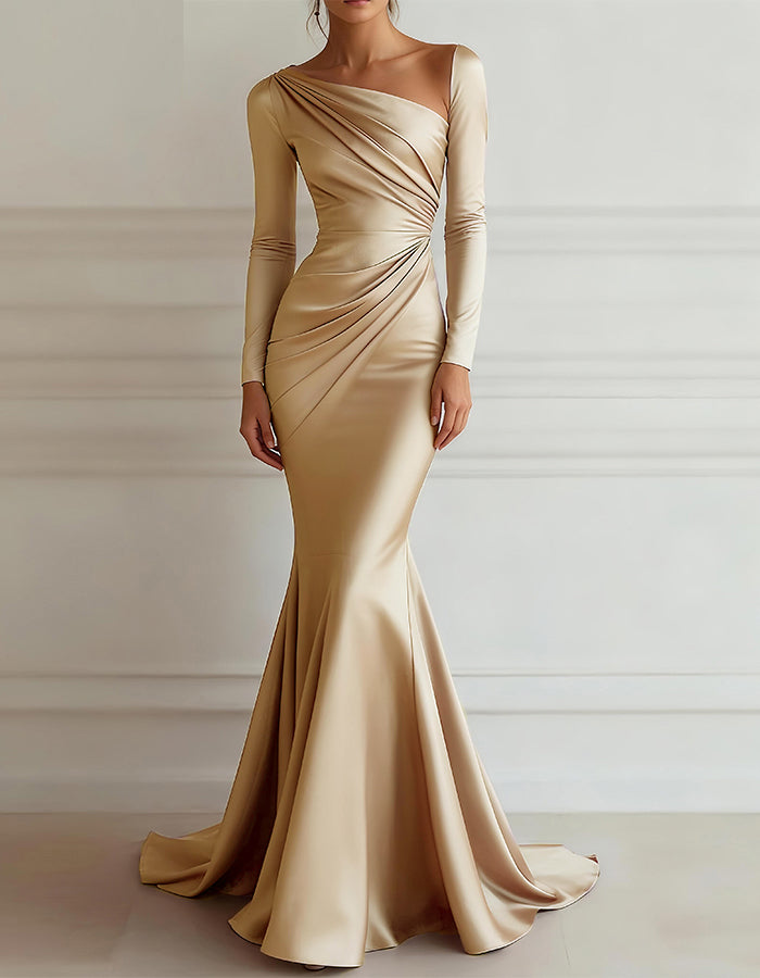 Solid Color Satin Long Sleeve Maxi Dress