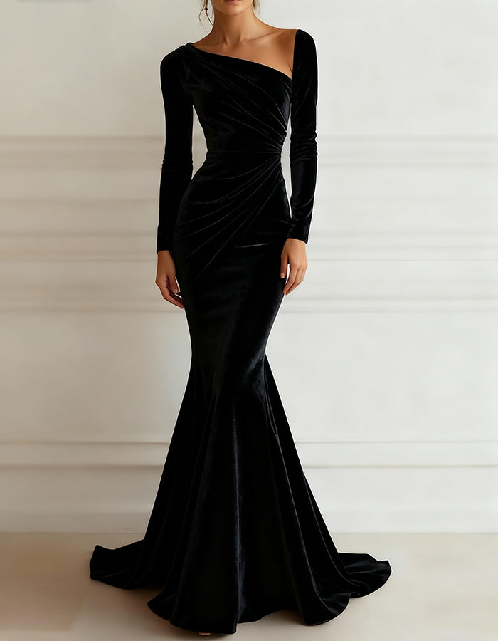 Solid Color Velvet Long Sleeve Maxi Dress