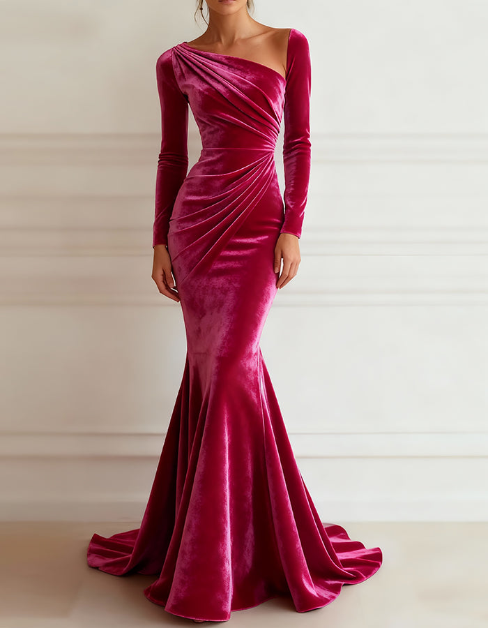 Solid Color Velvet Long Sleeve Maxi Dress