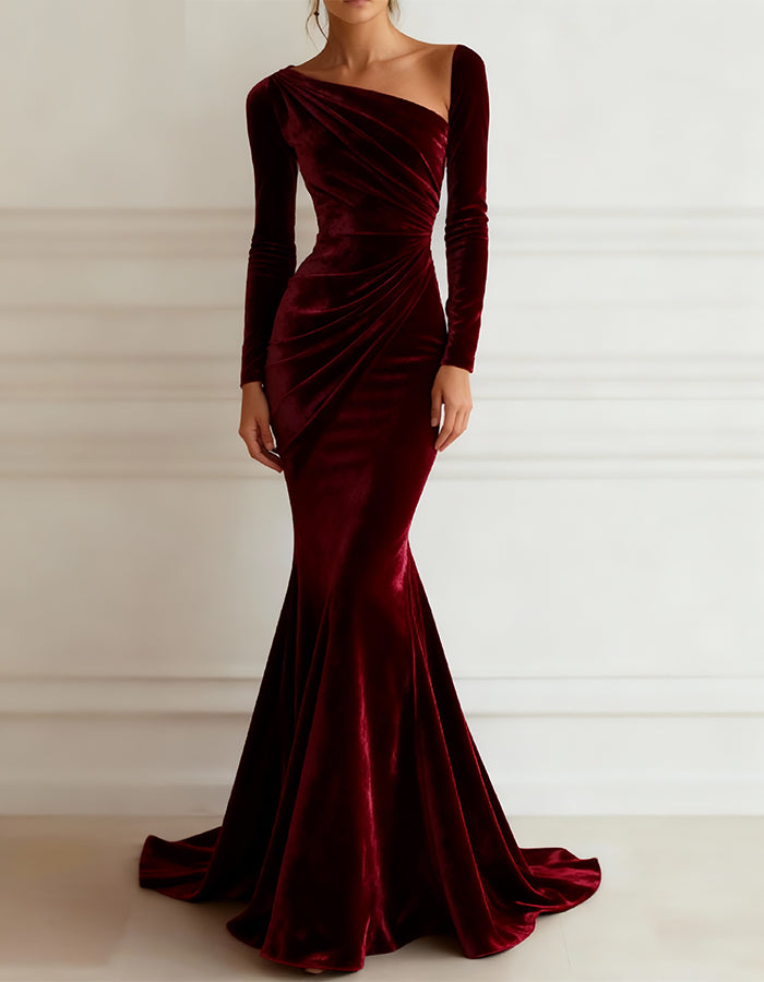Solid Color Velvet Long Sleeve Maxi Dress