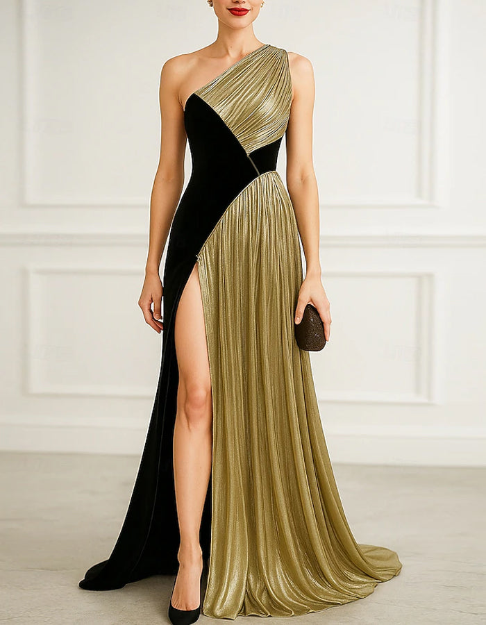 Patchwork One Shoulder Velvet With Shimmering Pleats Maxi Dress