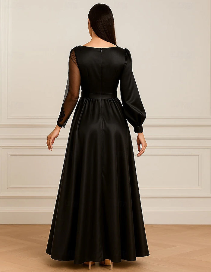 Round Neck Satin Slit Long Sleeves Maxi Dress