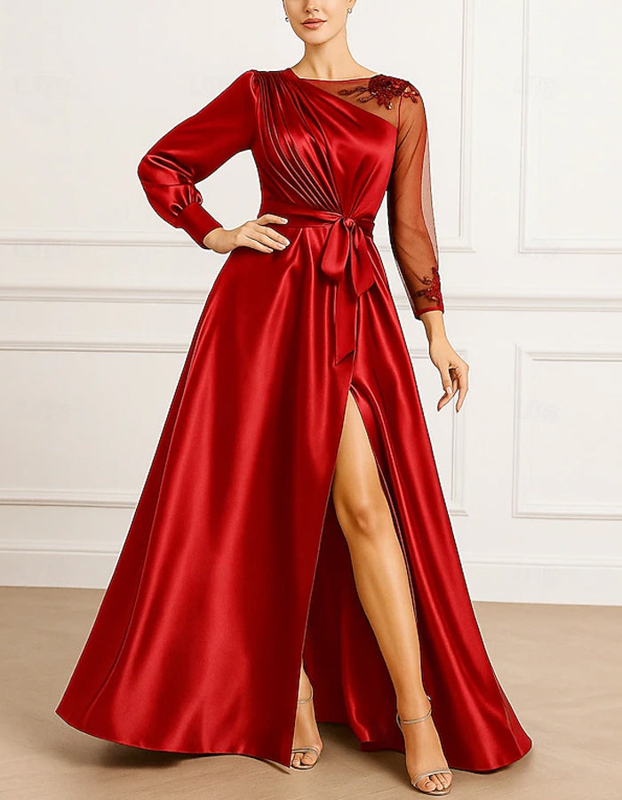 Round Neck Satin Slit Long Sleeves Maxi Dress