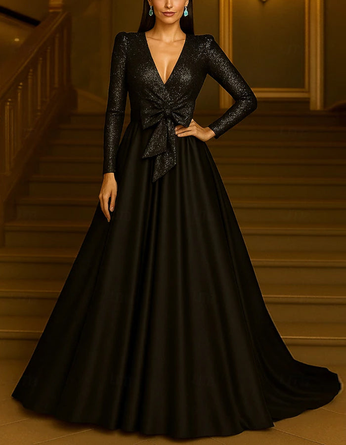 Black V-neck Satin Bow Maxi Dress