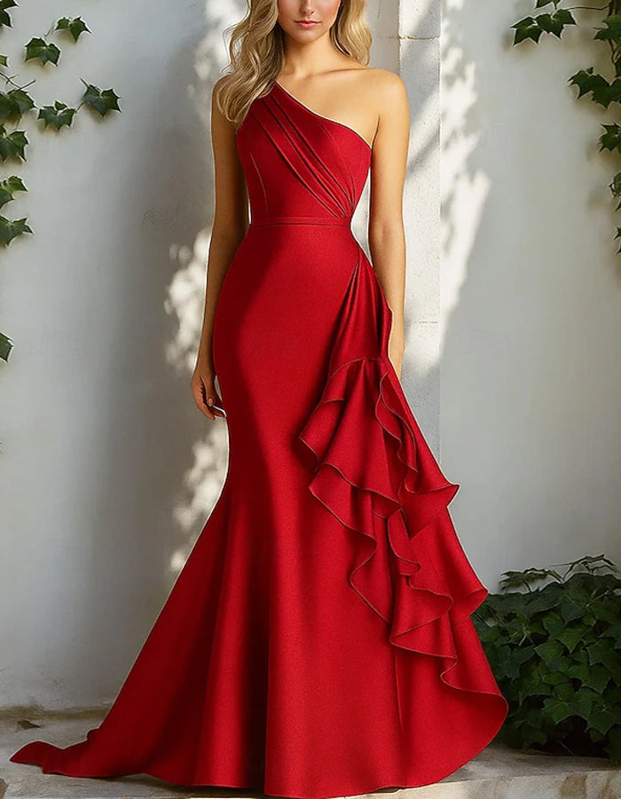 Solid Color One Shoulder Satin Pleated Ruffles Maxi Dress