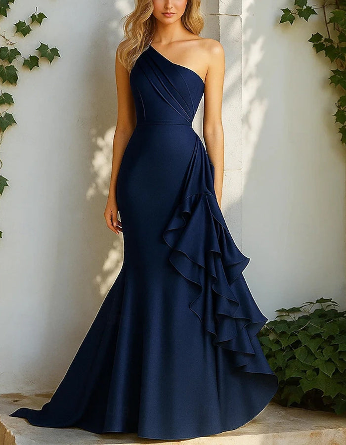 Solid Color One Shoulder Satin Pleated Ruffles Maxi Dress