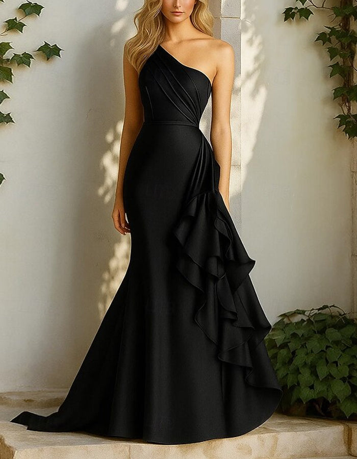 Solid Color One Shoulder Satin Pleated Ruffles Maxi Dress