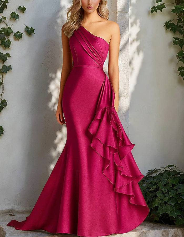 Solid Color One Shoulder Satin Pleated Ruffles Maxi Dress