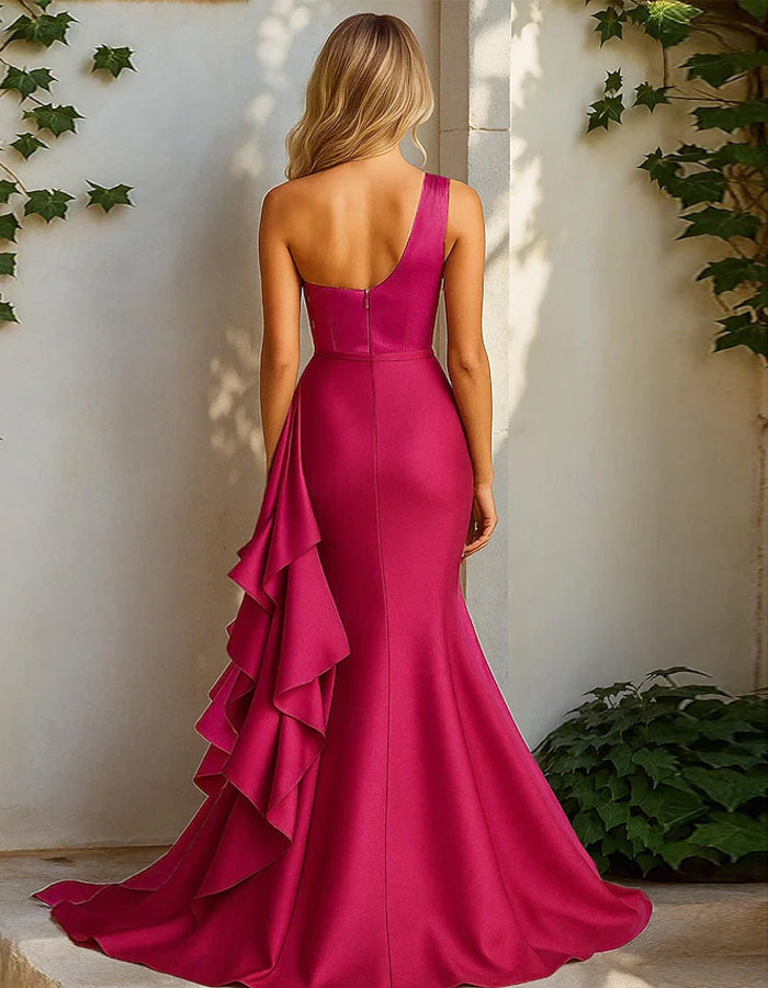 Solid Color One Shoulder Satin Pleated Ruffles Maxi Dress