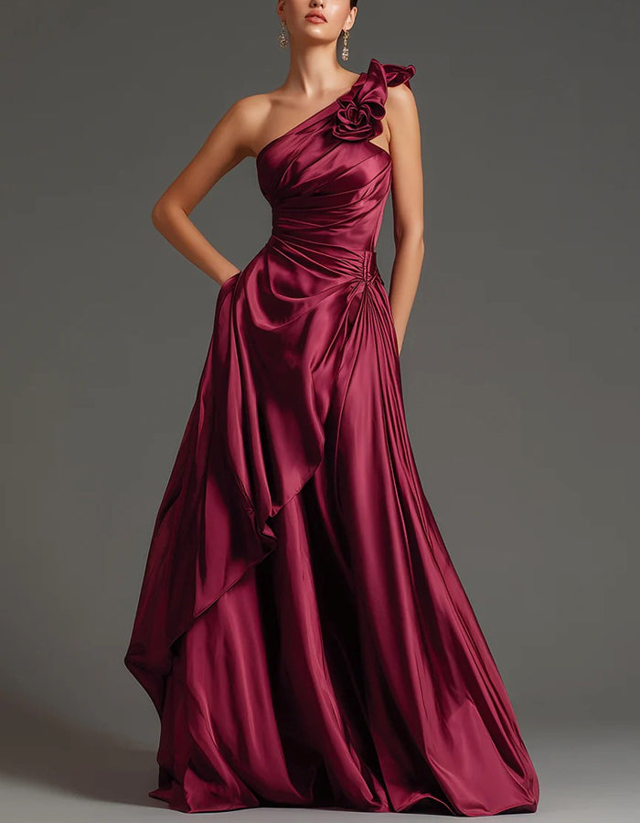 Burgundy Satin One Shoulder Maxi Dress