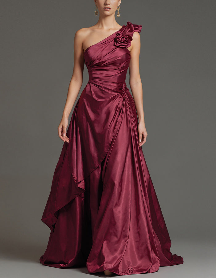 Burgundy Satin One Shoulder Maxi Dress