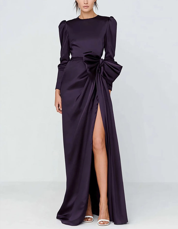 Purple Round Neck Satin Long Sleeve Maxi Dress