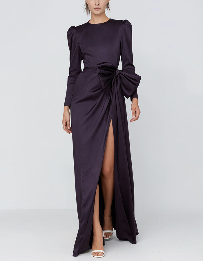 Purple Round Neck Satin Long Sleeve Maxi Dress