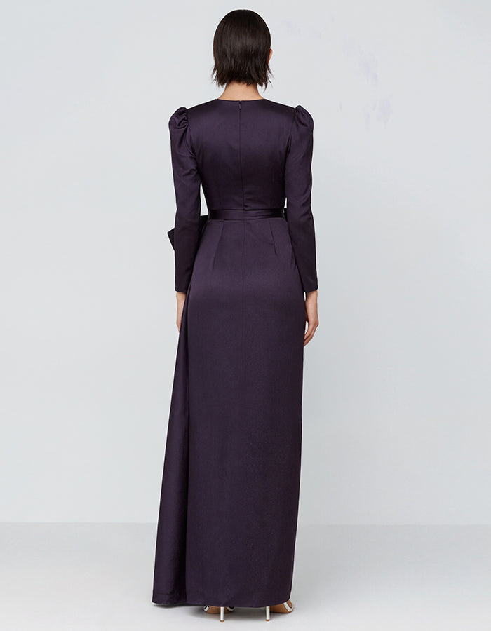 Purple Round Neck Satin Long Sleeve Maxi Dress