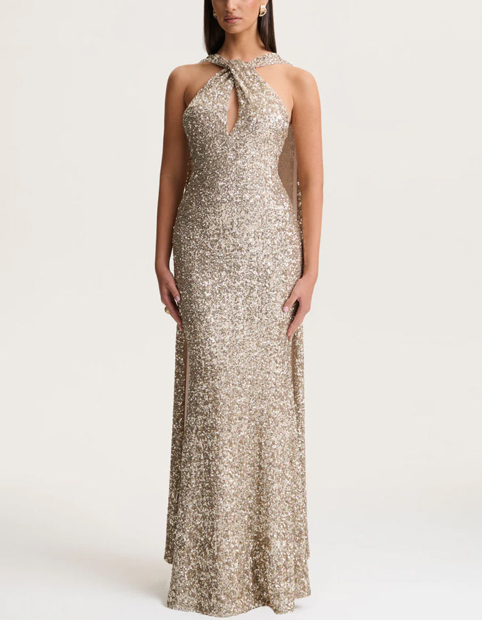 Champagne Colored Sequined Halter Neck Maxi Dress