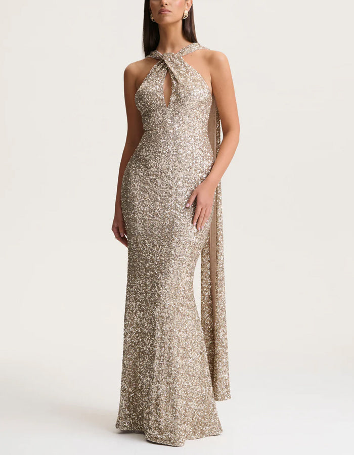 Champagne Colored Sequined Halter Neck Maxi Dress