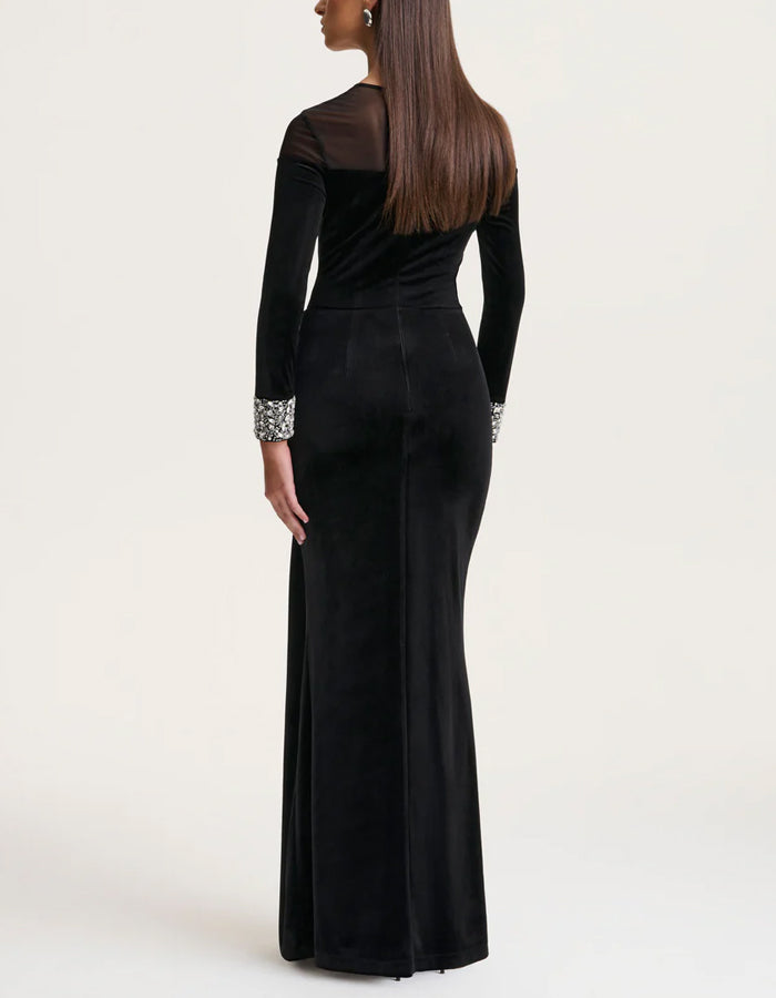 Black Round Neck Mesh Velvet Patchwork Maxi Dress