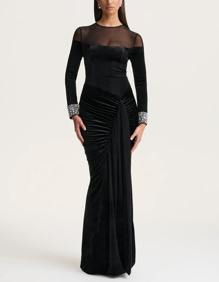 Black Round Neck Mesh Velvet Patchwork Maxi Dress
