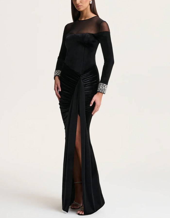 Black Round Neck Mesh Velvet Patchwork Maxi Dress