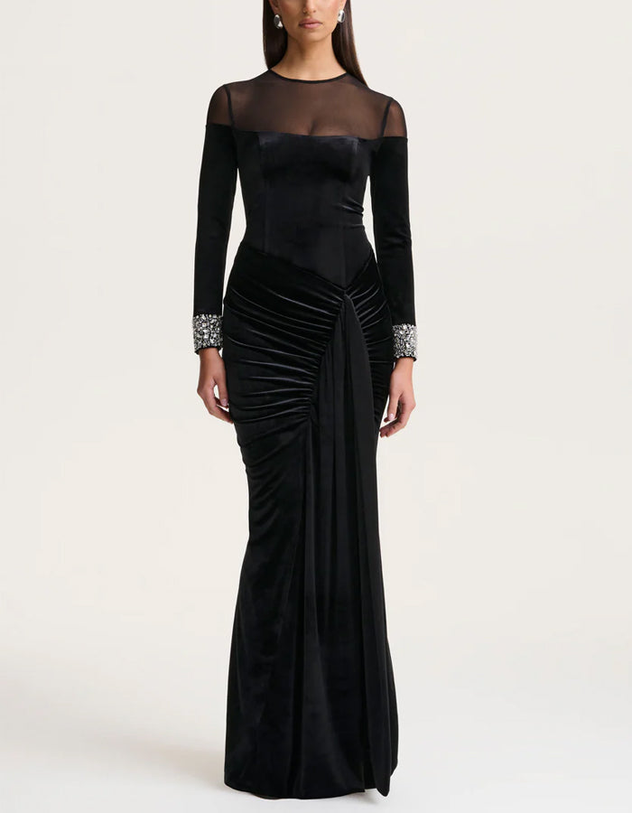 Black Round Neck Mesh Velvet Patchwork Maxi Dress