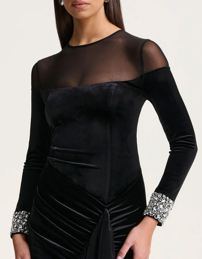 Black Round Neck Mesh Velvet Patchwork Maxi Dress