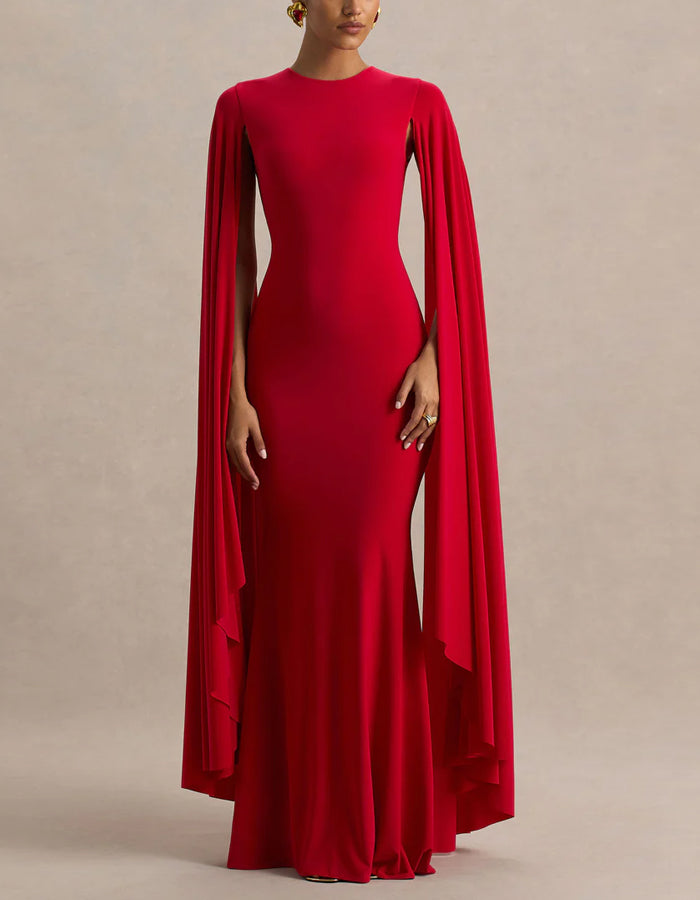 Red Round Neck Shawl Sleeves Maxi Dress