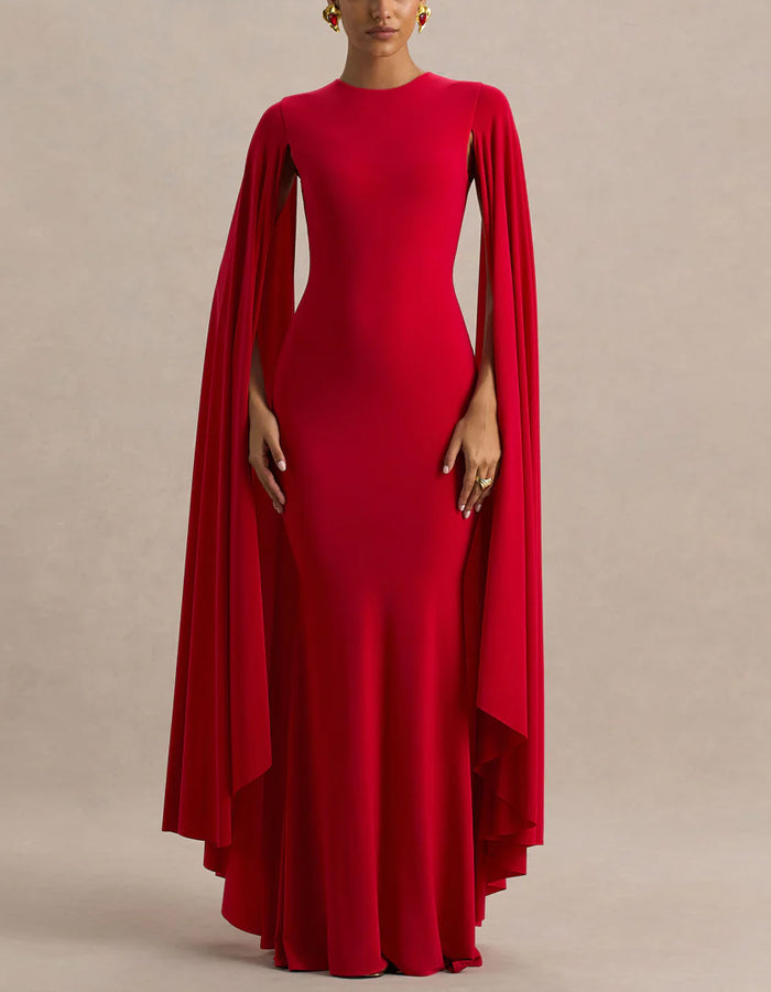Red Round Neck Shawl Sleeves Maxi Dress