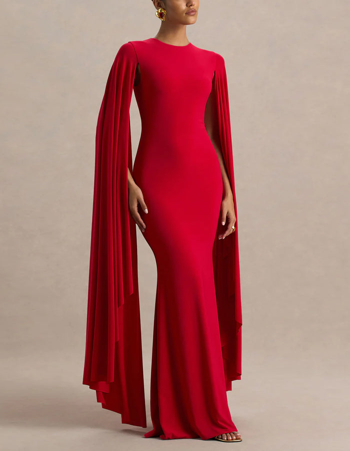Red Round Neck Shawl Sleeves Maxi Dress