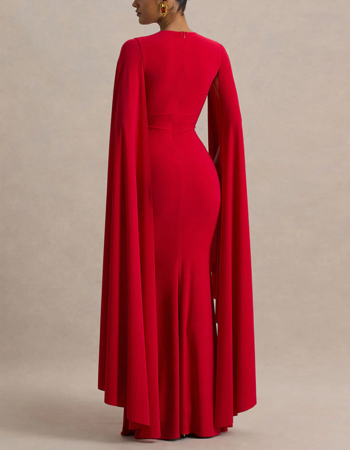 Red Round Neck Shawl Sleeves Maxi Dress
