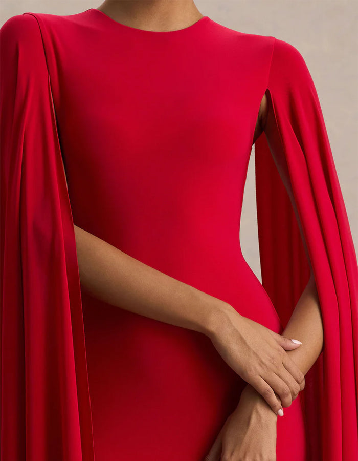 Red Round Neck Shawl Sleeves Maxi Dress