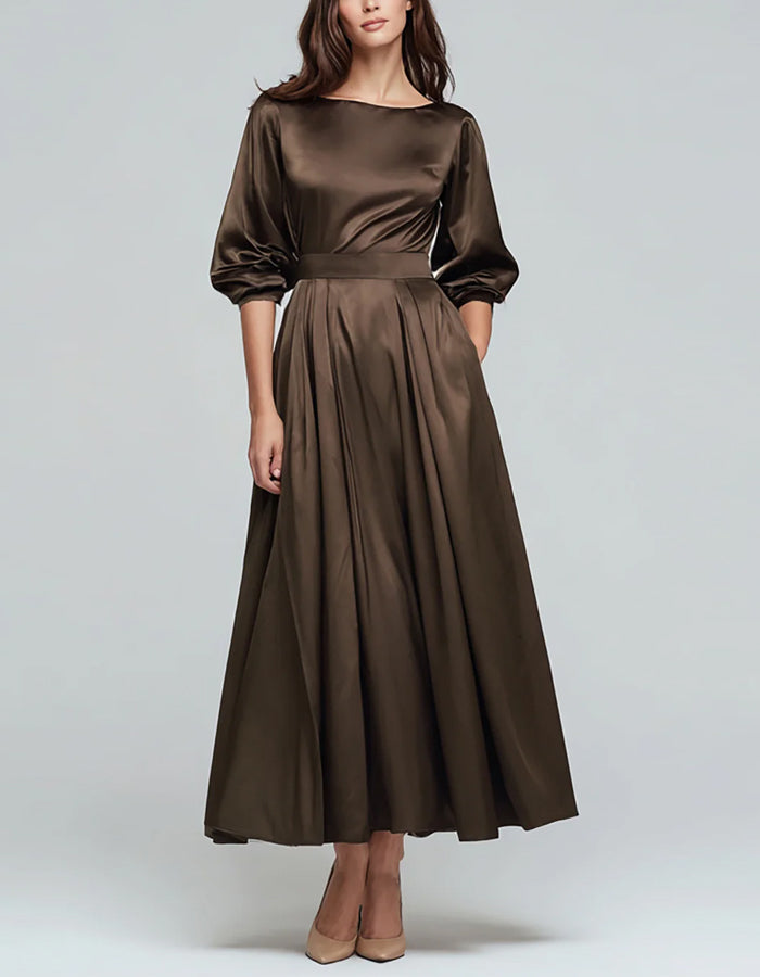 Solid Color Round Neck Satin Maxi Dress