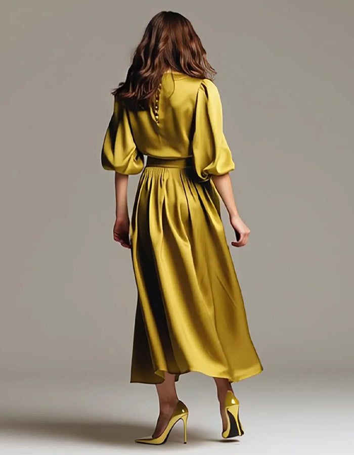 Solid Color Round Neck Satin Maxi Dress