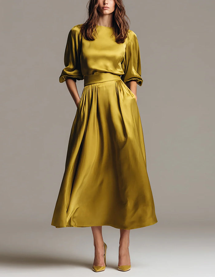 Solid Color Round Neck Satin Maxi Dress