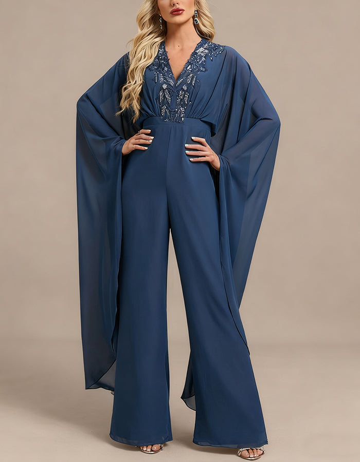 Blue V-neck Chiffon Jumpsuit