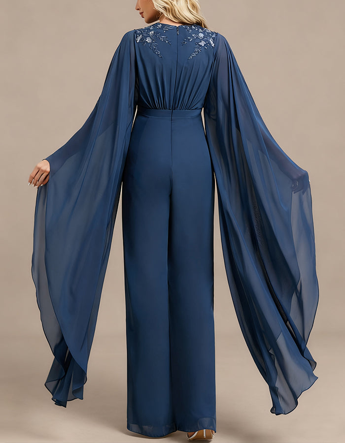 Blue V-neck Chiffon Jumpsuit