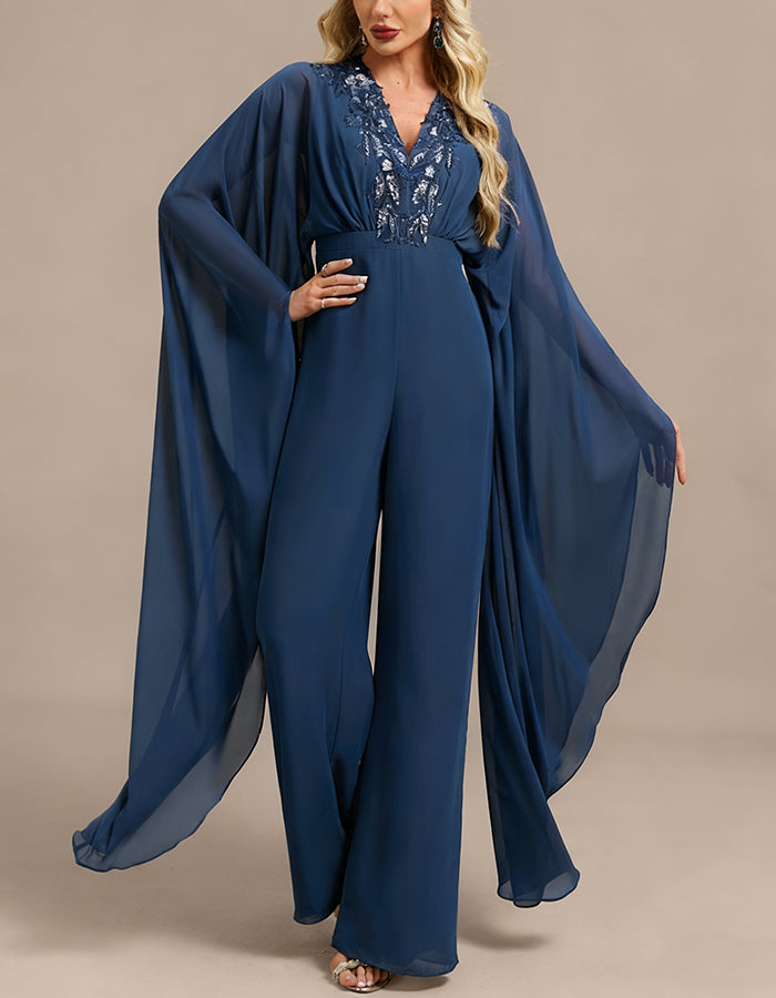 Blue V-neck Chiffon Jumpsuit