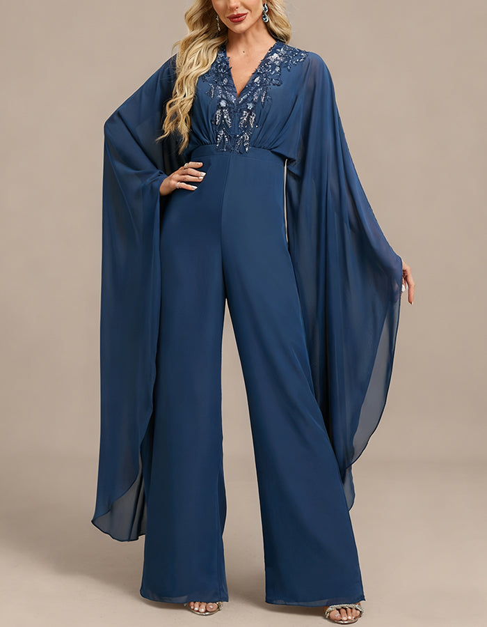 Blue V-neck Chiffon Jumpsuit