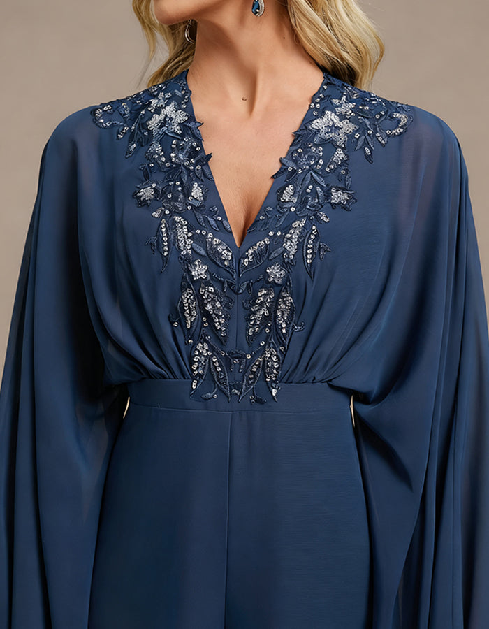 Blue V-neck Chiffon Jumpsuit