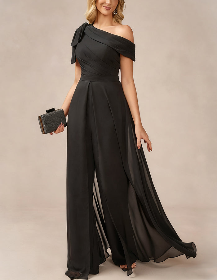 Black One Shoulder Chiffon Jumpsuit